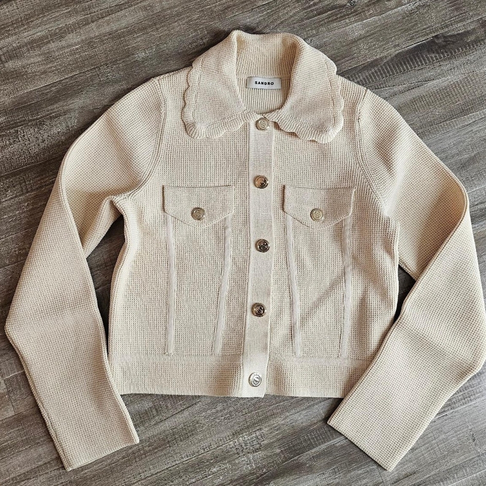 Sandro Cream Scalloped Collar Knit Jacket